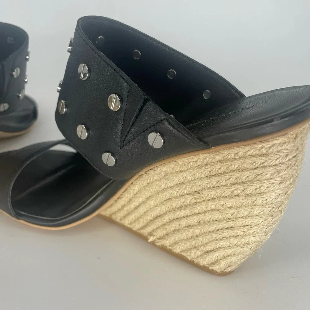 Rebecca Minkoff Black Leather‎ Emily Studded Espadrille Wedge Sandals Size 9.5
